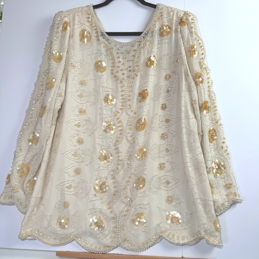 Vintage Jack Bryan Cream Beaded Sequin Pearl Evening Blouse Top Size 18 ST.8100